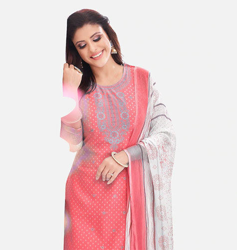 Pink & White Printed Unstitched Dress Material